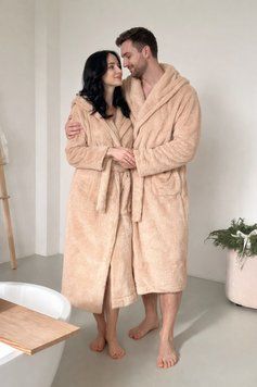 Теплий махровий халат з капюшоном велсофт Cuddle &mdash; для дому, чоловічий та жіночий, бежевий L/XL VELC02 фото