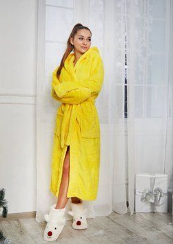 Халат теплий жіночий довгий махровий велсофт, (17 кольорів) - жовтий L TN-1023 фото