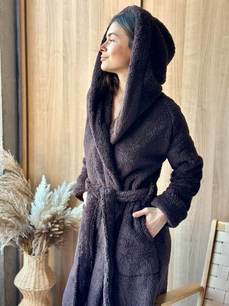 Теплий махровий халат з капюшоном велсофт Cuddle &mdash; для дому, чоловічий та жіночий, шоколад S/M VELC03 фото