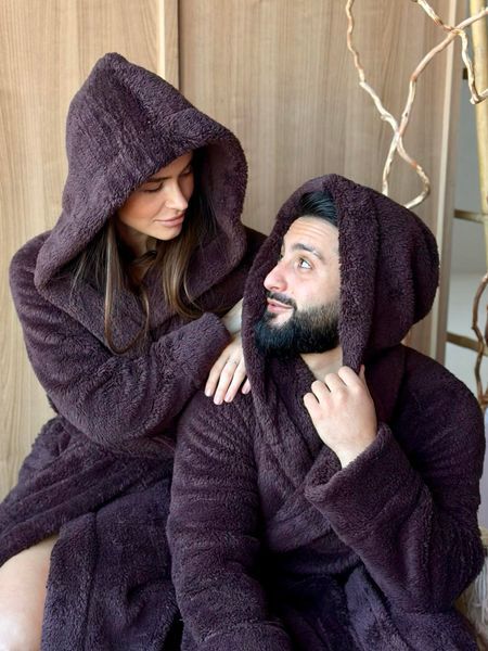 Теплий махровий халат з капюшоном велсофт Cuddle &mdash; для дому, чоловічий та жіночий, шоколад S/M VELC03 фото