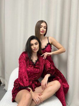 Комплект велюровий жіночий четвірка: халат, майка, шорти, штани (8 кольорів) - бордо SI-19 фото