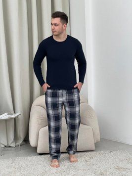 Домашня піжама для чоловіків COSY із фланелі (штани+лонгслів синій) в клітину сірі   F600PL20/1 фото