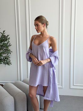 Мусліновий комплект 2в1: халат і нічна сорочка, Lavender Fog, 100% бавовна, подарункова коробка SetLavanda1 фото