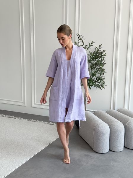 Мусліновий комплект 2в1: халат і нічна сорочка, Lavender Fog, 100% бавовна, подарункова коробка SetLavanda1 фото