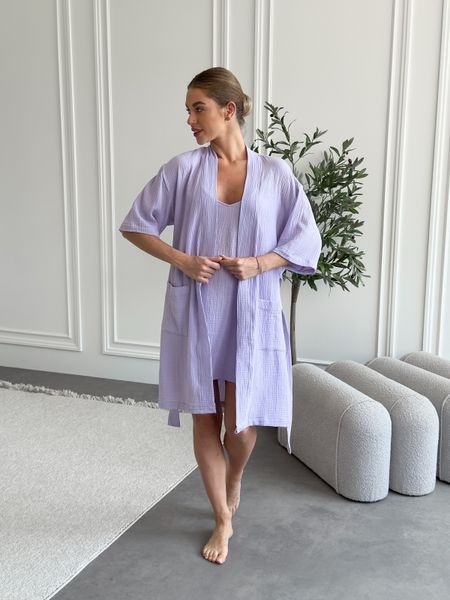 Мусліновий комплект 2в1: халат і нічна сорочка, Lavender Fog, 100% бавовна, подарункова коробка SetLavanda1 фото