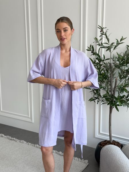Мусліновий комплект 2в1: халат і нічна сорочка, Lavender Fog, 100% бавовна, подарункова коробка SetLavanda1 фото