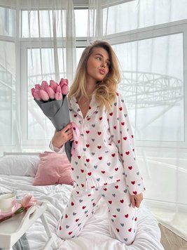 Піжама тепла жіноча фланель (байка) сорочка та штани, COSY червоні серця на білому M F43P фото