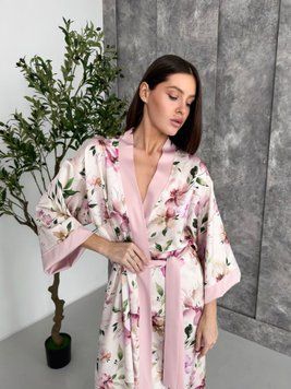 Жіночий халат кімоно довгий "Morning Bloom", рожеві квіти на молочному СOSY MB1 фото
