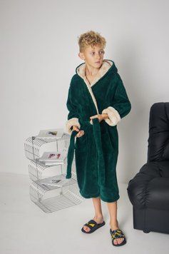 Дитячий теплий махровий халат для хлопчика з капюшоном, смарагд/капучіно ТN-4000 фото